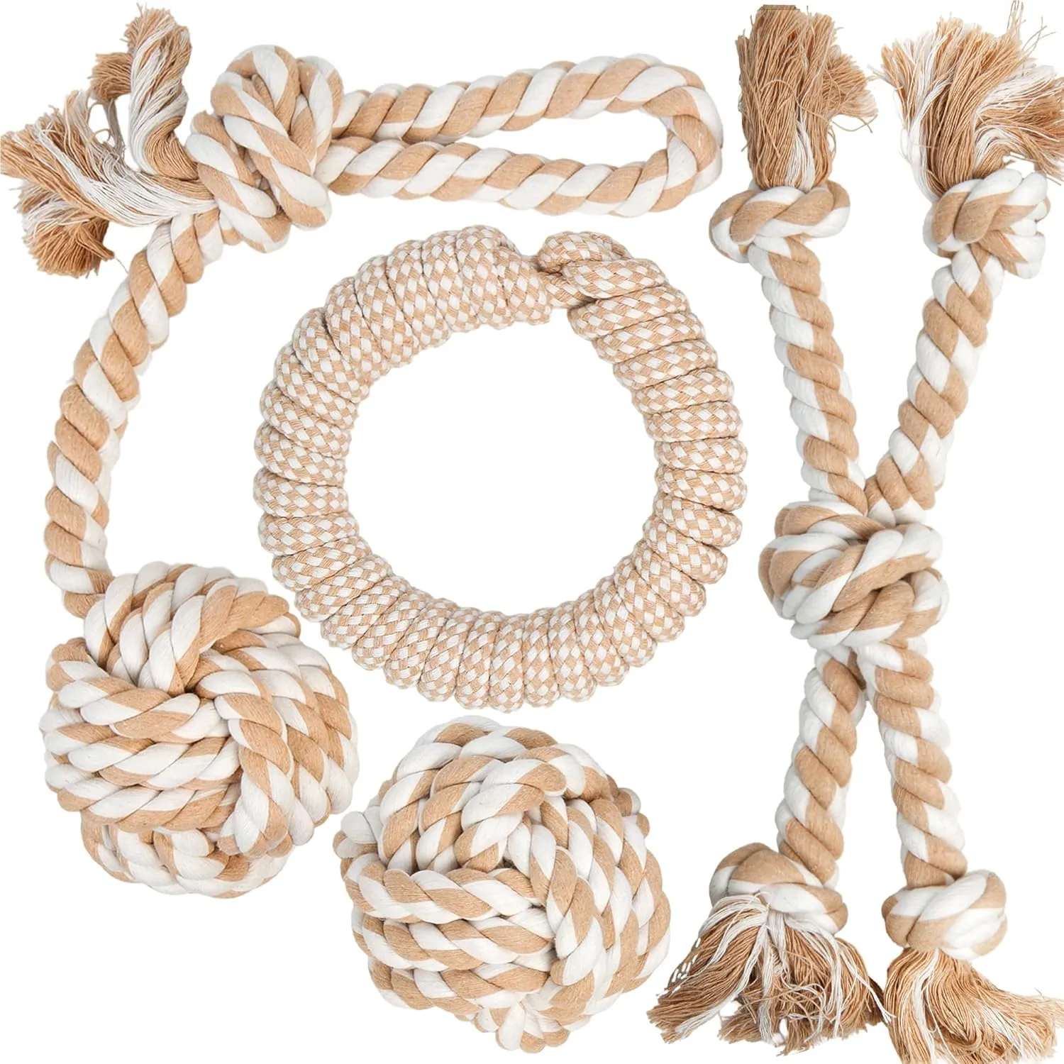 Fida Heavy Duty Dog Rope Toys for Aggressive Chewers 4pcs Pack  Natural Cotton Dog Chew Toys for Large Dogs, Tug-of-War & Fetch Rope Ball/Ring/Knot/Twist to Keep Them Busy