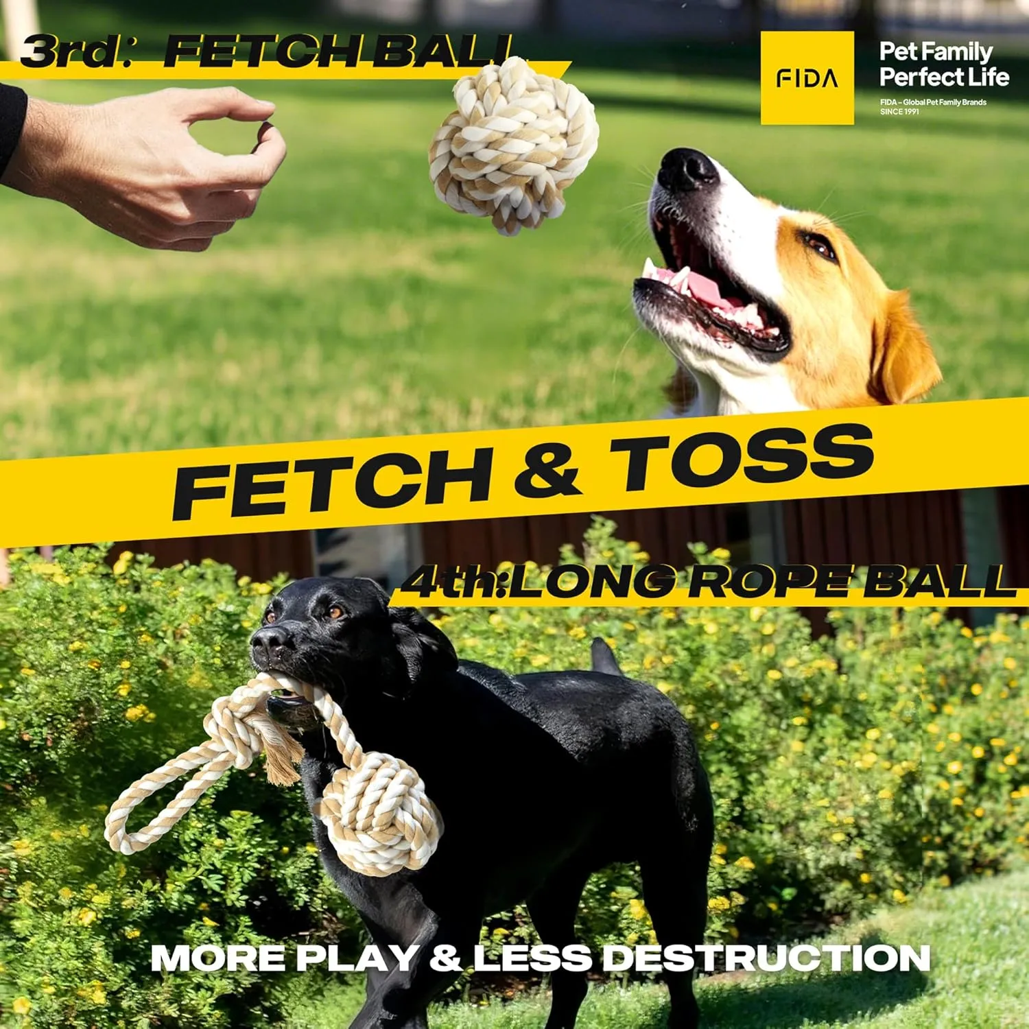Fida Heavy Duty Dog Rope Toys for Aggressive Chewers 4pcs Pack  Natural Cotton Dog Chew Toys for Large Dogs, Tug-of-War & Fetch Rope Ball/Ring/Knot/Twist to Keep Them Busy