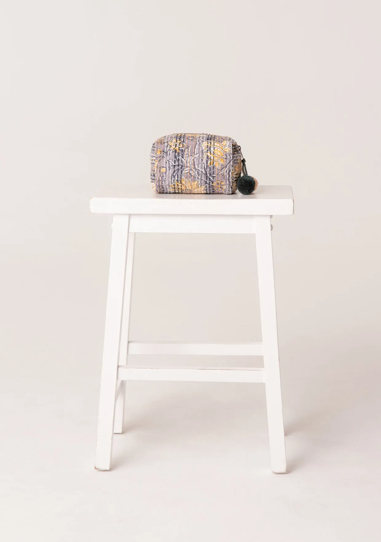 Grey Kantha Stitched Origami Cosmetic Bag