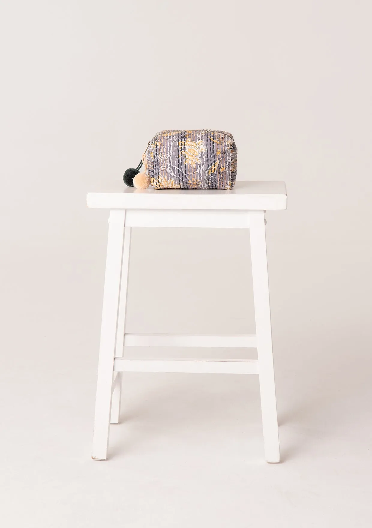 Grey Kantha Stitched Origami Cosmetic Bag