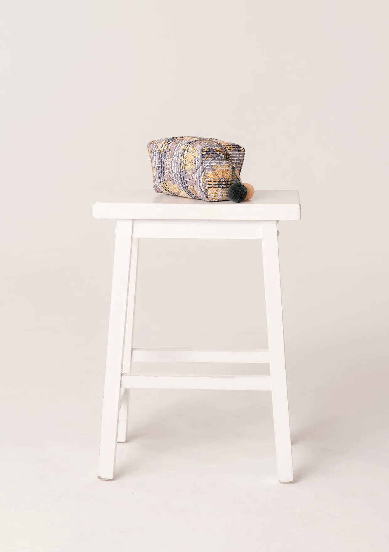 Grey Kantha Stitched Origami Cosmetic Bag