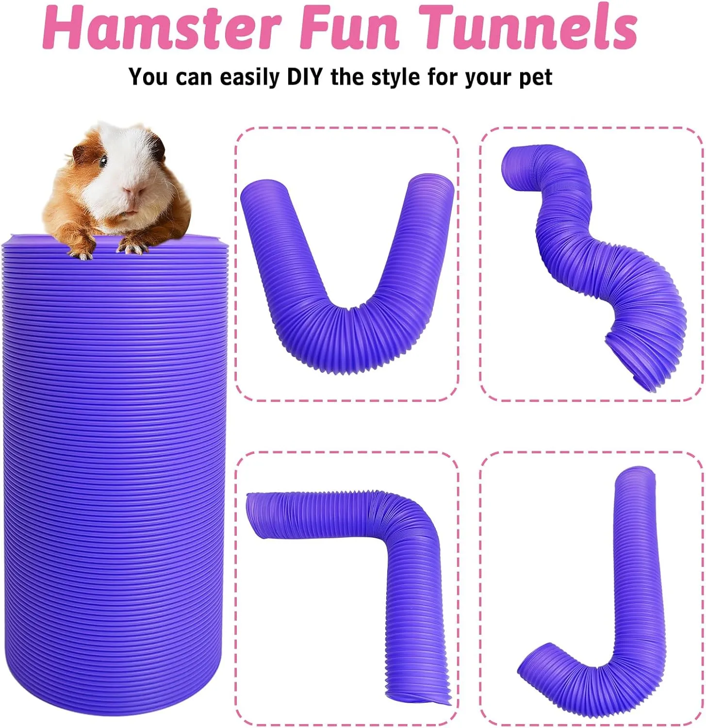 Hamiledyi 2 Pack Hamster Fun Tunnels, Guinea Pigs Plastic Tube, Hamsters Foldable Exercising Training Hideout Tunnel & 2 Pack Grass Balls, Small Animals Toys for Chinchillas Gerbils Ferrets(Purple)