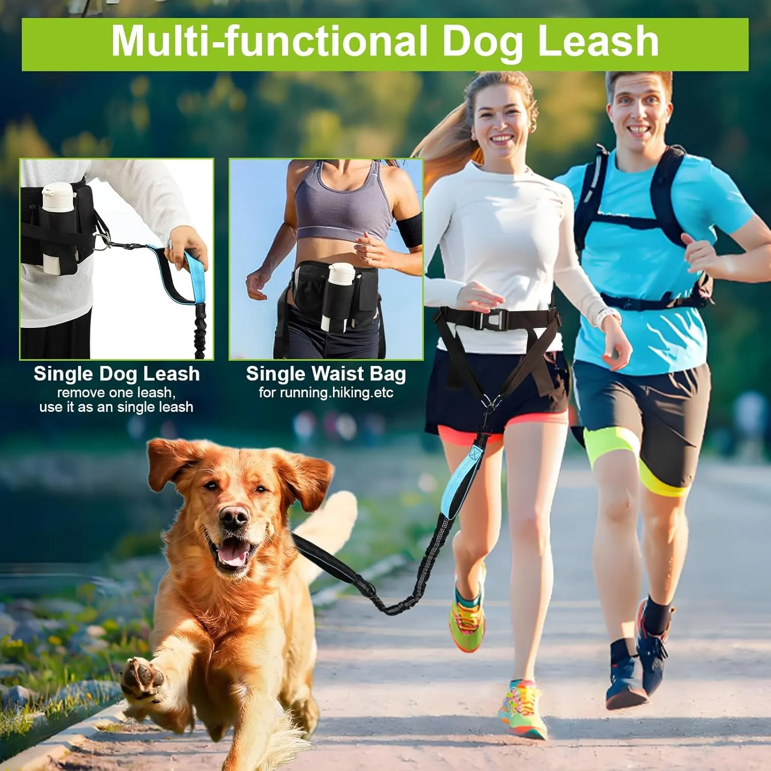 Hands Free Dog Leash, Waist Leash for Dog Walking, Running, Jogging, Waist Leashes with Adjustable Belt, Medium & Large Dogs Running Leashes Hands Free, Dual Padded Handles and Durable Bungee(Blue)
