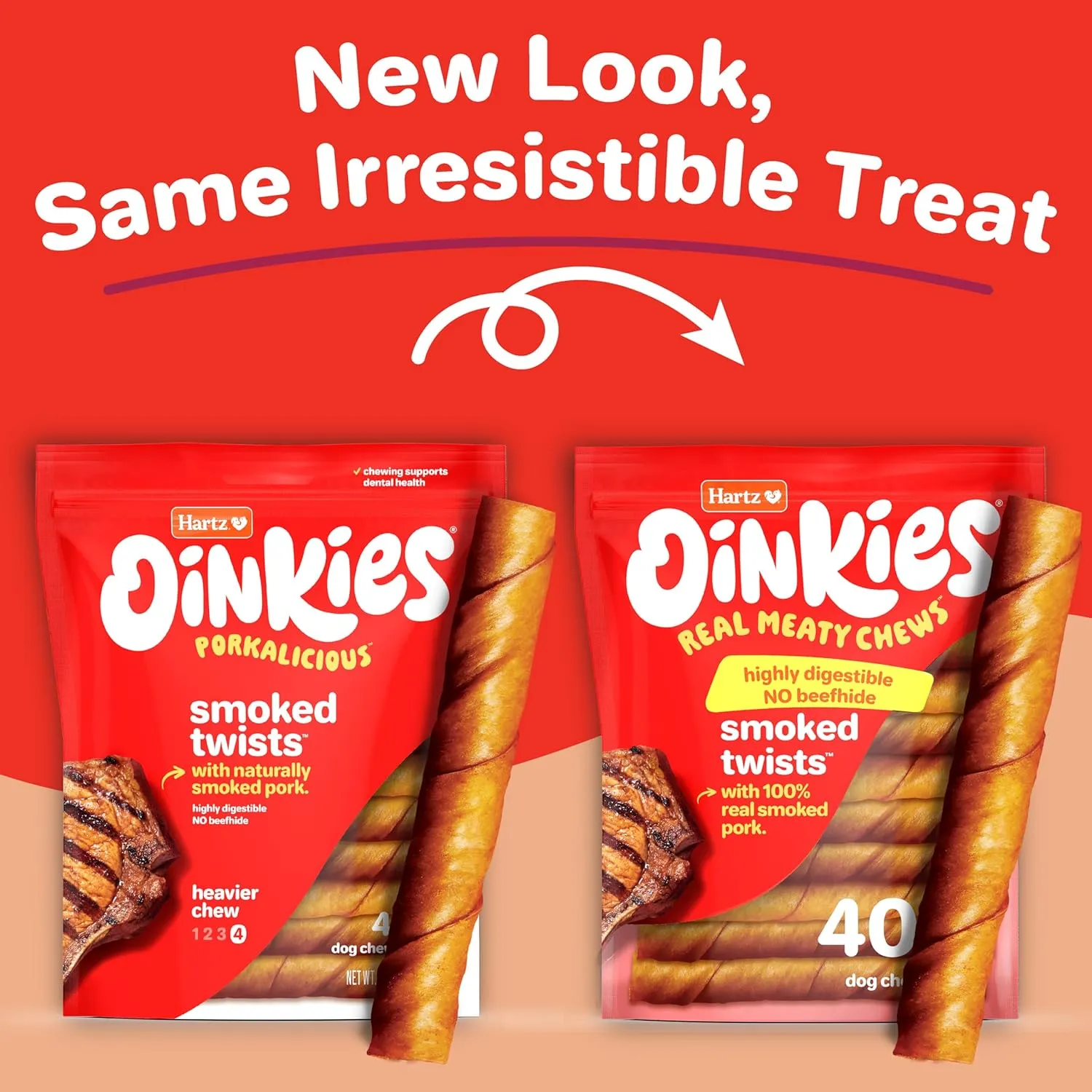 Hartz Oinkies Smoked Twists with Naturally Smoked Pork Rawhide-Free Dog Treats, Highly Digestible Long Lasting Dog Chews, 40 Count