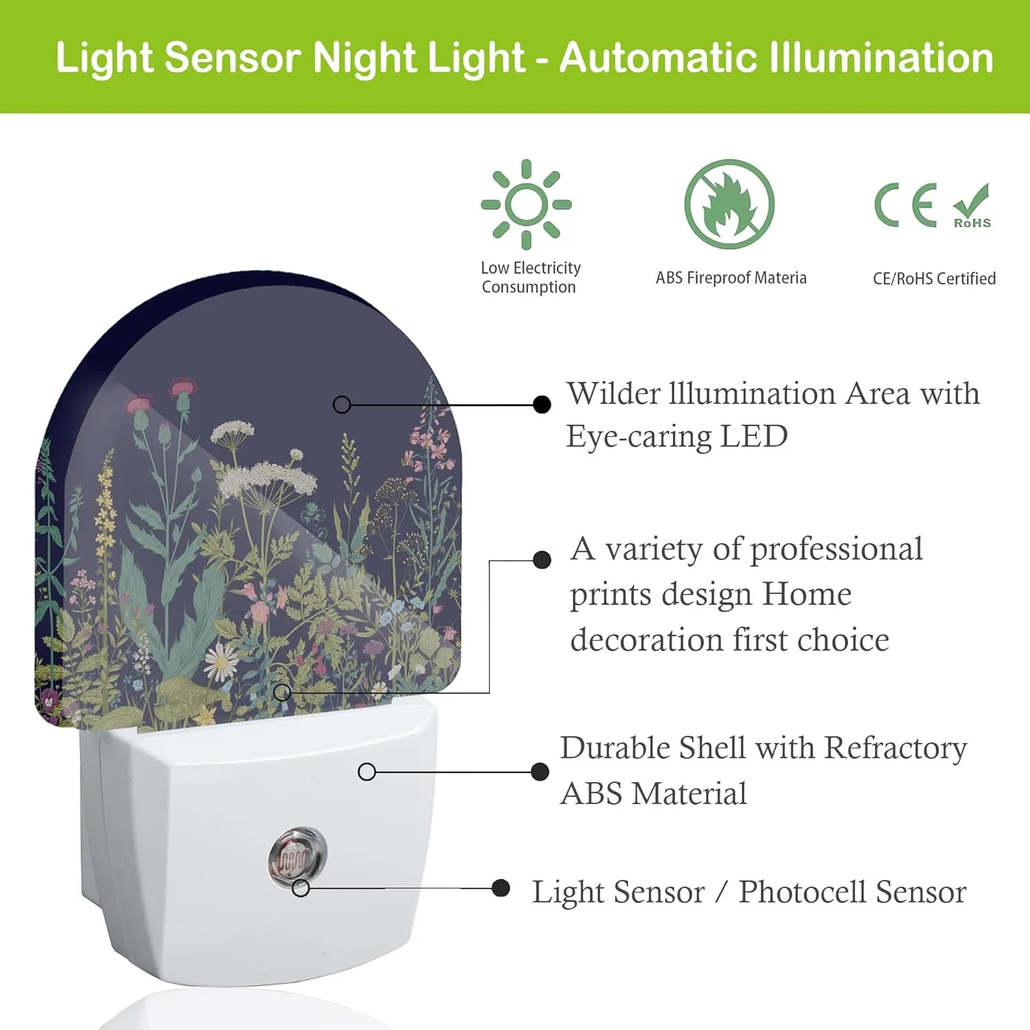 Herbs Wild Flowers Night Light,Plug into Wall Nightlights with Dusk to Dawn Light Sensors,Nightlights for Bedroom/Bathroom/Hallway/Kitchen,Nightlight for Boys Girls Women Men