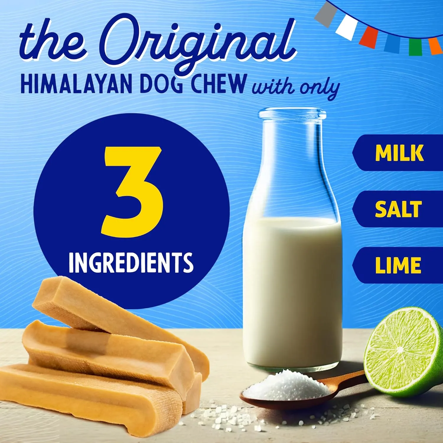 Himalayan Dog Chew Original Yak Cheese Dog Chew, 3 XL/Large Sticks, 3.3 oz, Gluten Free, Healthy Dog Treats, Grain & Lactose Free 100% Natural, Long Lasting Chews for Dogs Under 65 lbs