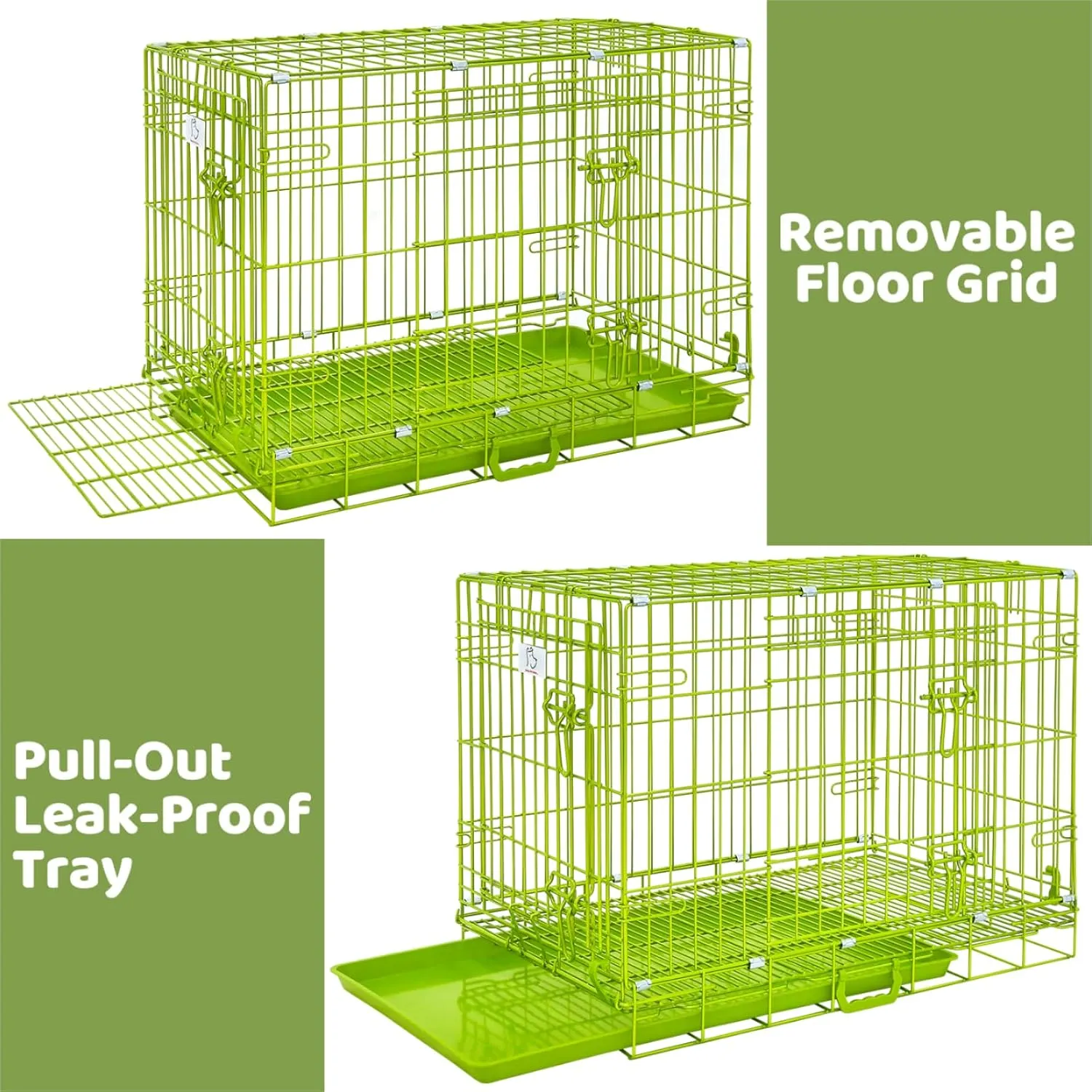 HOMEY PET 30 Inch Dog Kennel Indoor, Green Dog Cage for Small Dogs Foldable Dog Crates for Medium Dogs Nano-Coated Metal Wire Dog Crate with Removable Floor Grid Tray, Double Doors, Handle for Travel