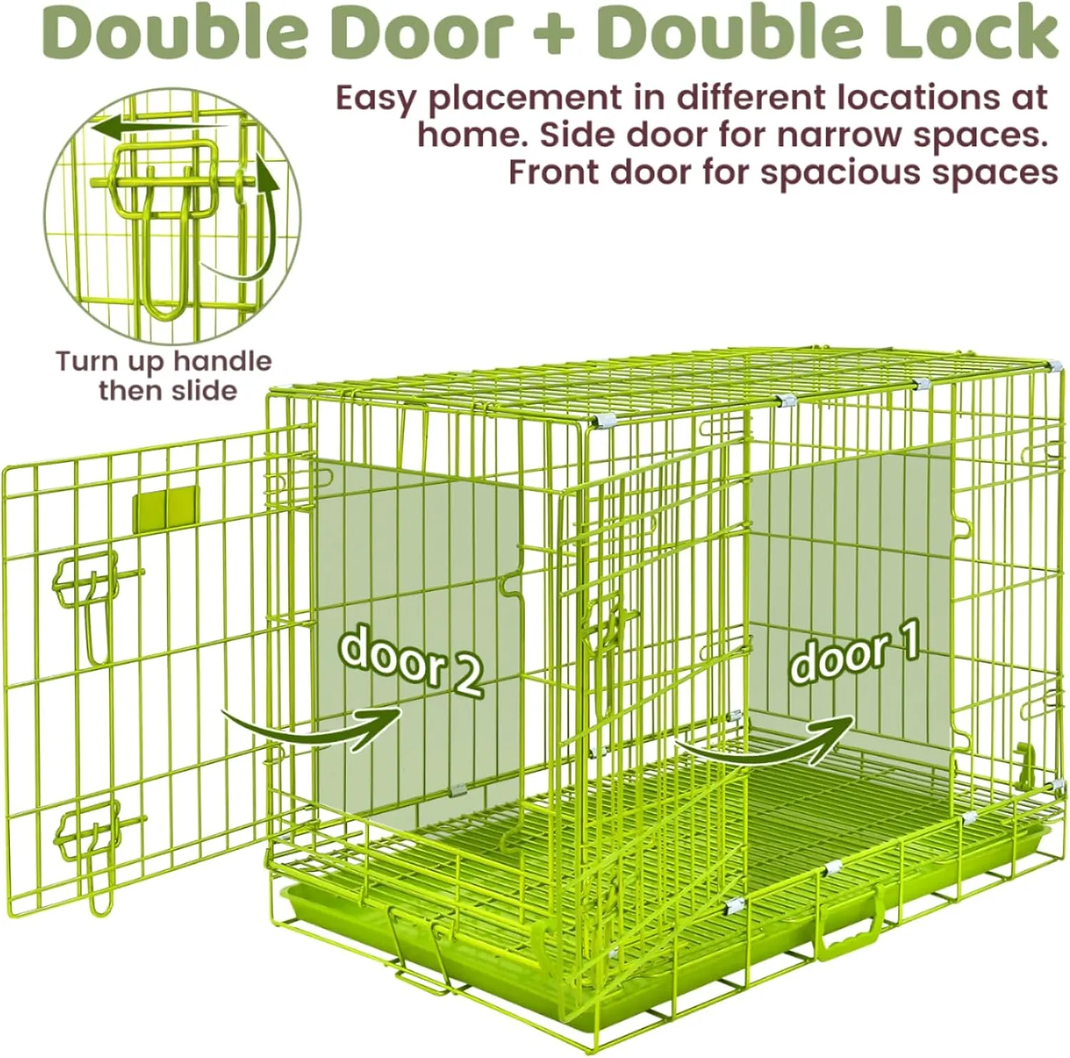 HOMEY PET 30 Inch Dog Kennel Indoor, Green Dog Cage for Small Dogs Foldable Dog Crates for Medium Dogs Nano-Coated Metal Wire Dog Crate with Removable Floor Grid Tray, Double Doors, Handle for Travel