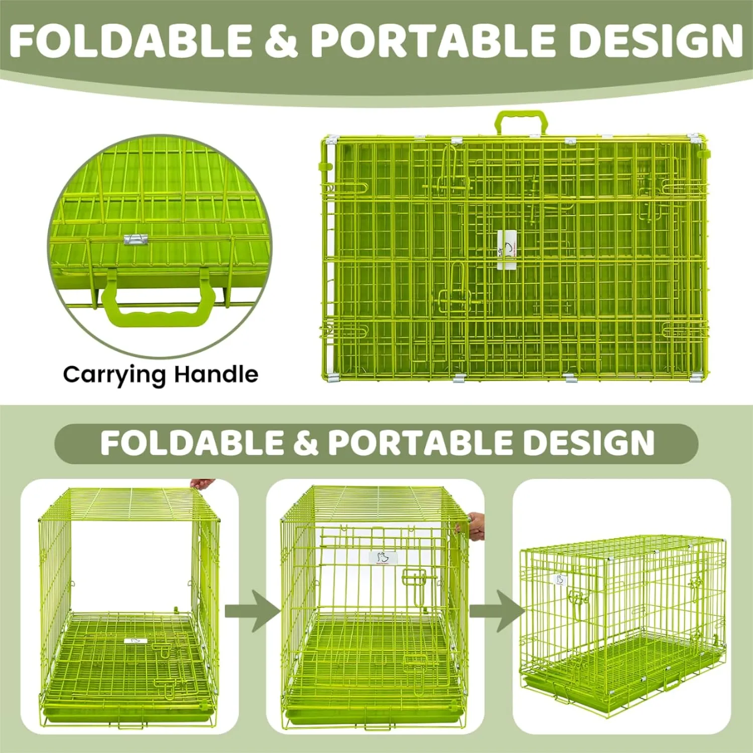 HOMEY PET 30 Inch Dog Kennel Indoor, Green Dog Cage for Small Dogs Foldable Dog Crates for Medium Dogs Nano-Coated Metal Wire Dog Crate with Removable Floor Grid Tray, Double Doors, Handle for Travel