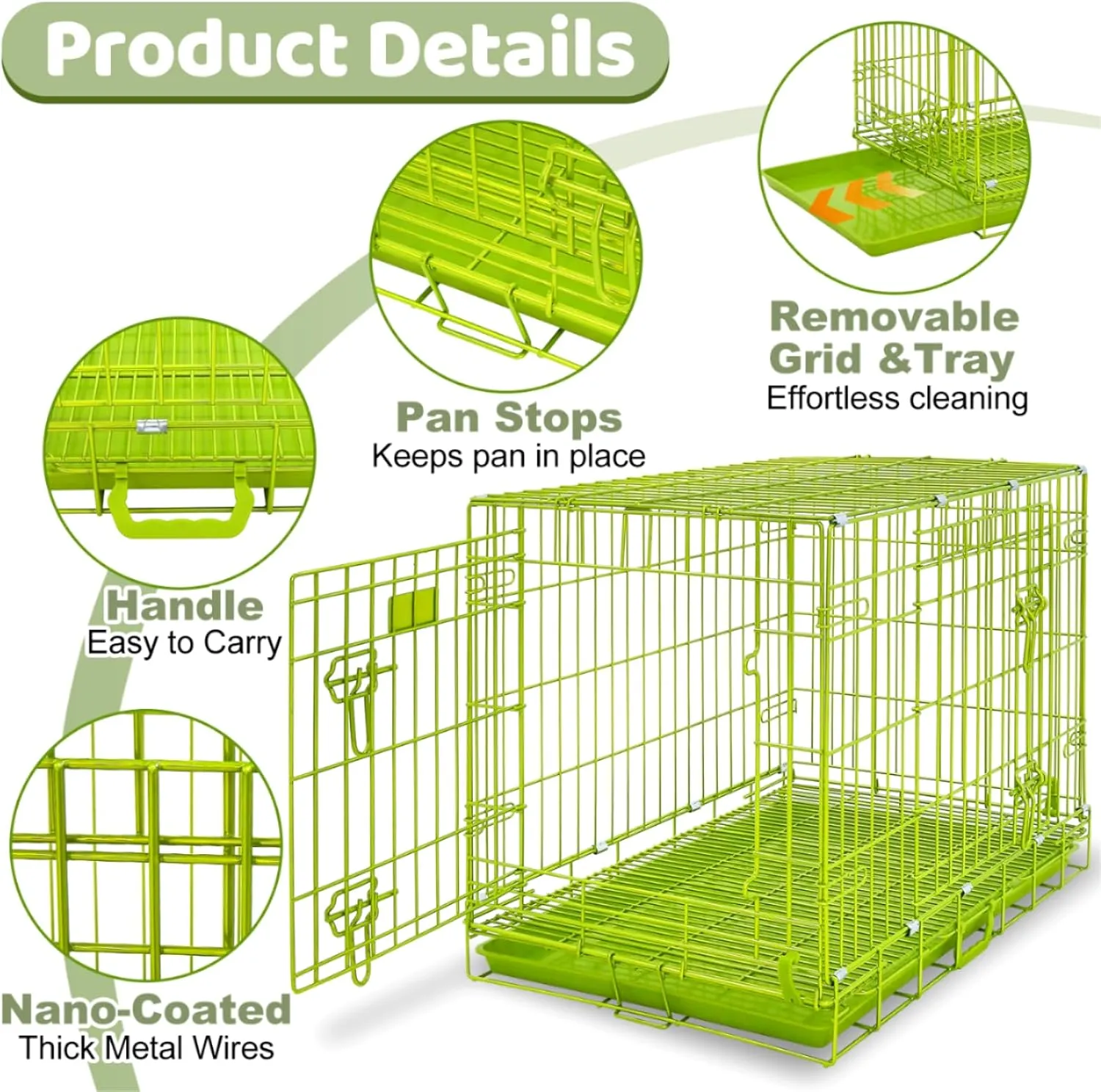 HOMEY PET 30 Inch Dog Kennel Indoor, Green Dog Cage for Small Dogs Foldable Dog Crates for Medium Dogs Nano-Coated Metal Wire Dog Crate with Removable Floor Grid Tray, Double Doors, Handle for Travel