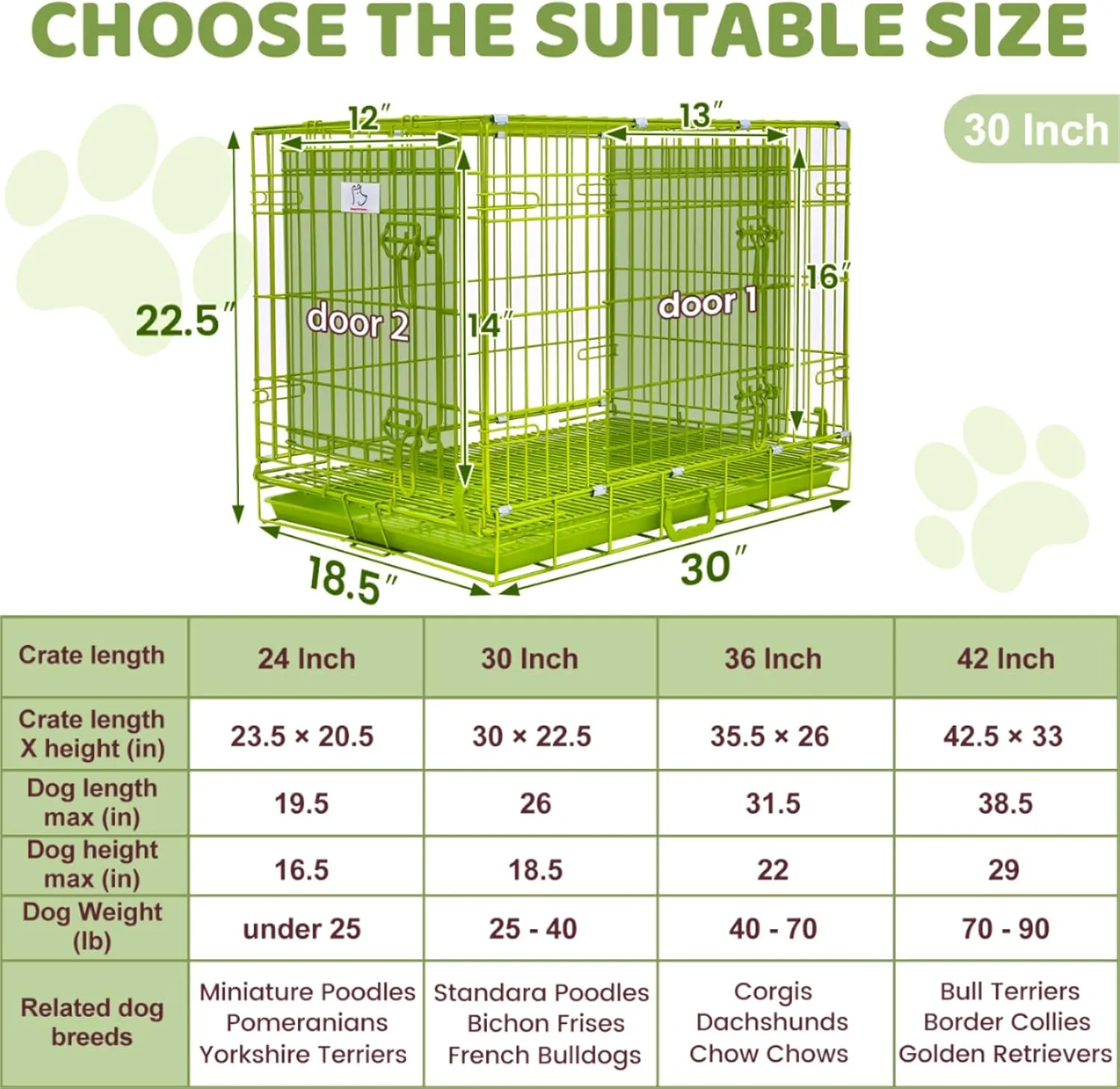 HOMEY PET 30 Inch Dog Kennel Indoor, Green Dog Cage for Small Dogs Foldable Dog Crates for Medium Dogs Nano-Coated Metal Wire Dog Crate with Removable Floor Grid Tray, Double Doors, Handle for Travel