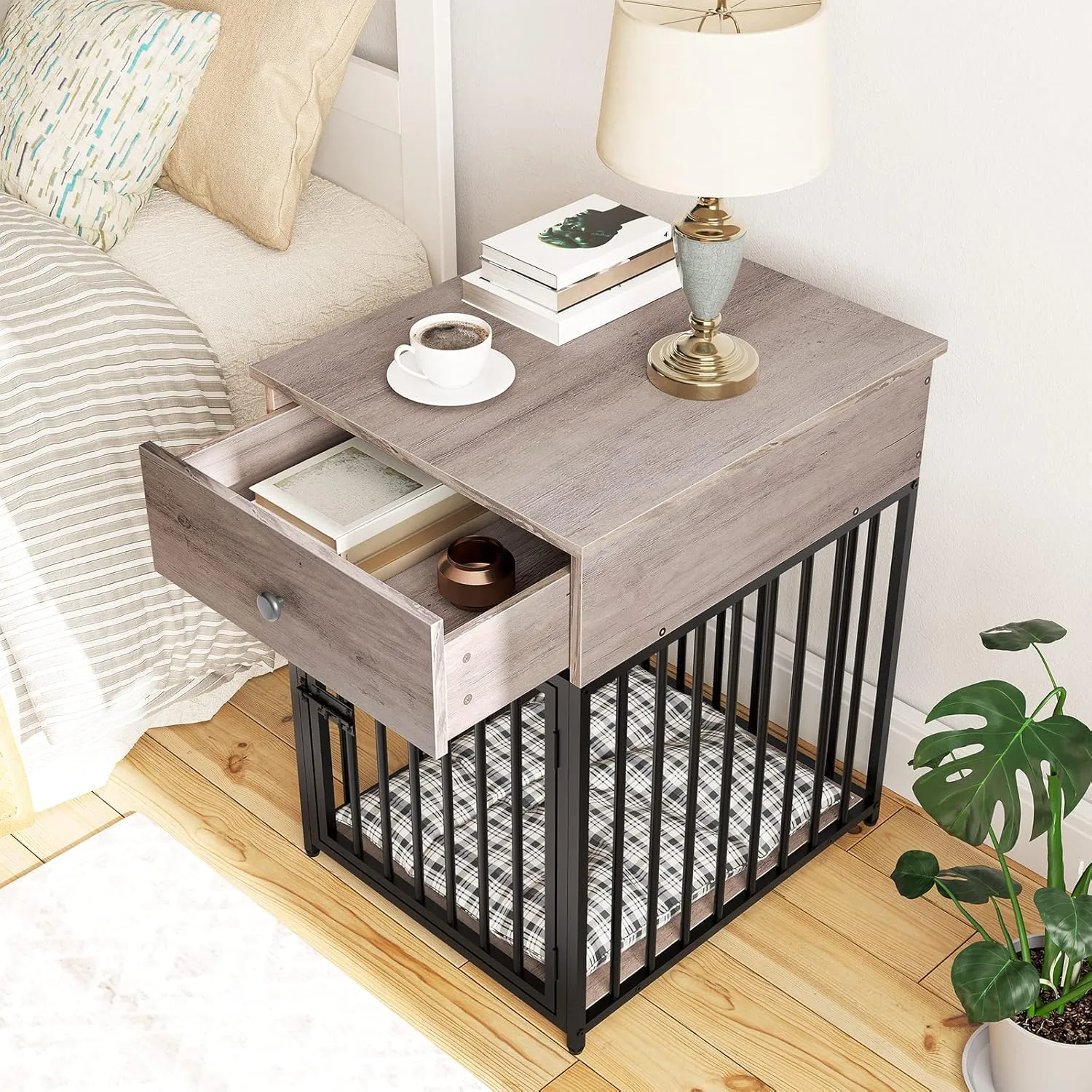 HOOBRO Dog Crate Furniture, Wooden Dog House, Decorative Dog Kennel with Drawer, Indoor Pet Crate End Table for Small Dog, Steel-Tube Puppy Cage, Chew-Proof, Greige BG01GW03