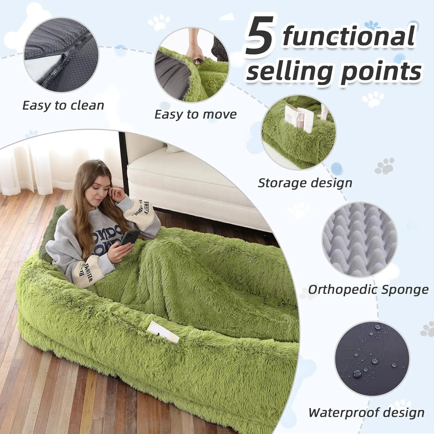 Human Dog Bed, 71''x45''x12'' Size Fits You and Pets, Washable Faux Fur Dog Bed for People Doze Off, Napping Orthopedic Dog Bed, Present Plump Pillow, Blanket, Strap - GrassGreen