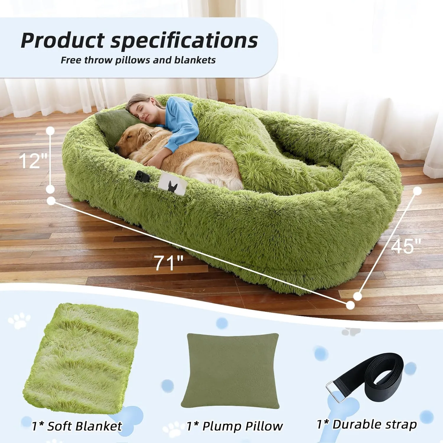 Human Dog Bed, 71''x45''x12'' Size Fits You and Pets, Washable Faux Fur Dog Bed for People Doze Off, Napping Orthopedic Dog Bed, Present Plump Pillow, Blanket, Strap - GrassGreen