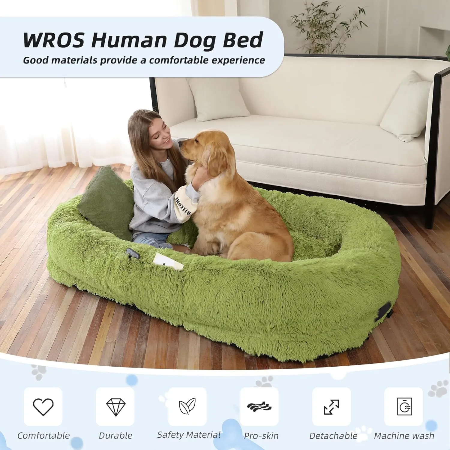 Human Dog Bed, 71''x45''x12'' Size Fits You and Pets, Washable Faux Fur Dog Bed for People Doze Off, Napping Orthopedic Dog Bed, Present Plump Pillow, Blanket, Strap - GrassGreen