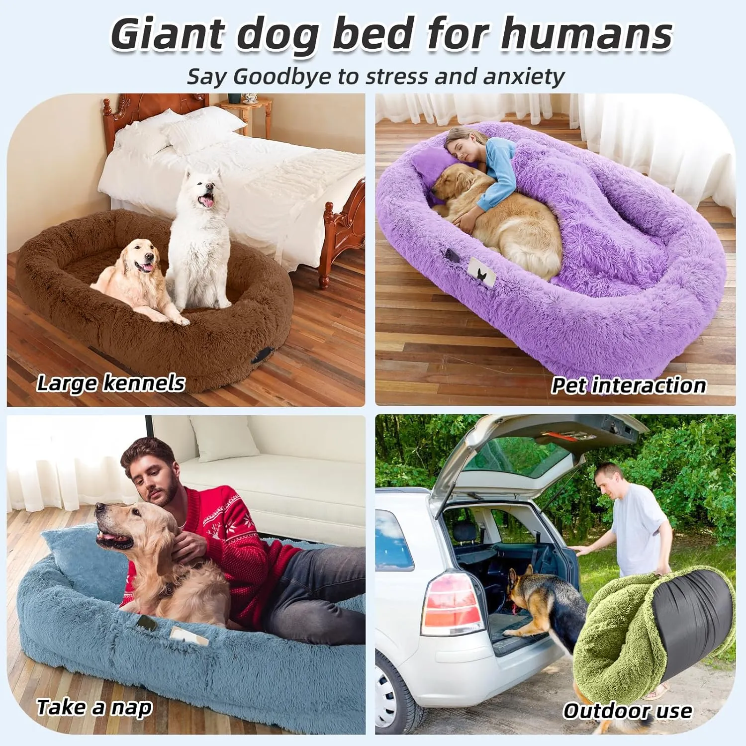 Human Dog Bed, 71''x45''x12'' Size Fits You and Pets, Washable Faux Fur Dog Bed for People Doze Off, Napping Orthopedic Dog Bed, Present Plump Pillow, Blanket, Strap - GrassGreen