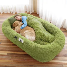 Human Dog Bed, 71''x45''x12'' Size Fits You and Pets, Washable Faux Fur Dog Bed for People Doze Off, Napping Orthopedic Dog Bed, Present Plump Pillow, Blanket, Strap - GrassGreen