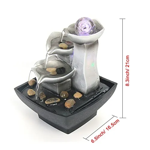Indoor 3-Tier Relaxation Tabletop Fountain, Automatic Pump with Extra Deep Basin with Natural River Rocks and LED Light Feature for Home Office Bedroom