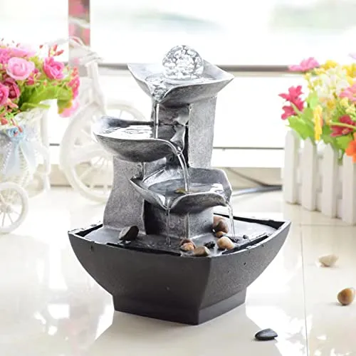 Indoor 3-Tier Relaxation Tabletop Fountain, Automatic Pump with Extra Deep Basin with Natural River Rocks and LED Light Feature for Home Office Bedroom