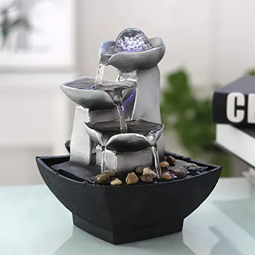 Indoor 3-Tier Relaxation Tabletop Fountain, Automatic Pump with Extra Deep Basin with Natural River Rocks and LED Light Feature for Home Office Bedroom