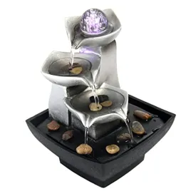 Indoor 3-Tier Relaxation Tabletop Fountain, Automatic Pump with Extra Deep Basin with Natural River Rocks and LED Light Feature for Home Office Bedroom
