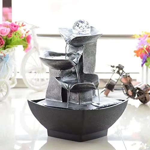 Indoor 3-Tier Relaxation Tabletop Fountain, Automatic Pump with Extra Deep Basin with Natural River Rocks and LED Light Feature for Home Office Bedroom