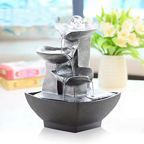 Indoor 3-Tier Relaxation Tabletop Fountain, Automatic Pump with Extra Deep Basin with Natural River Rocks and LED Light Feature for Home Office Bedroom