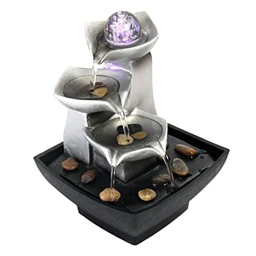 Indoor 3-Tier Relaxation Tabletop Fountain, Automatic Pump with Extra Deep Basin with Natural River Rocks and LED Light Feature for Home Office Bedroom