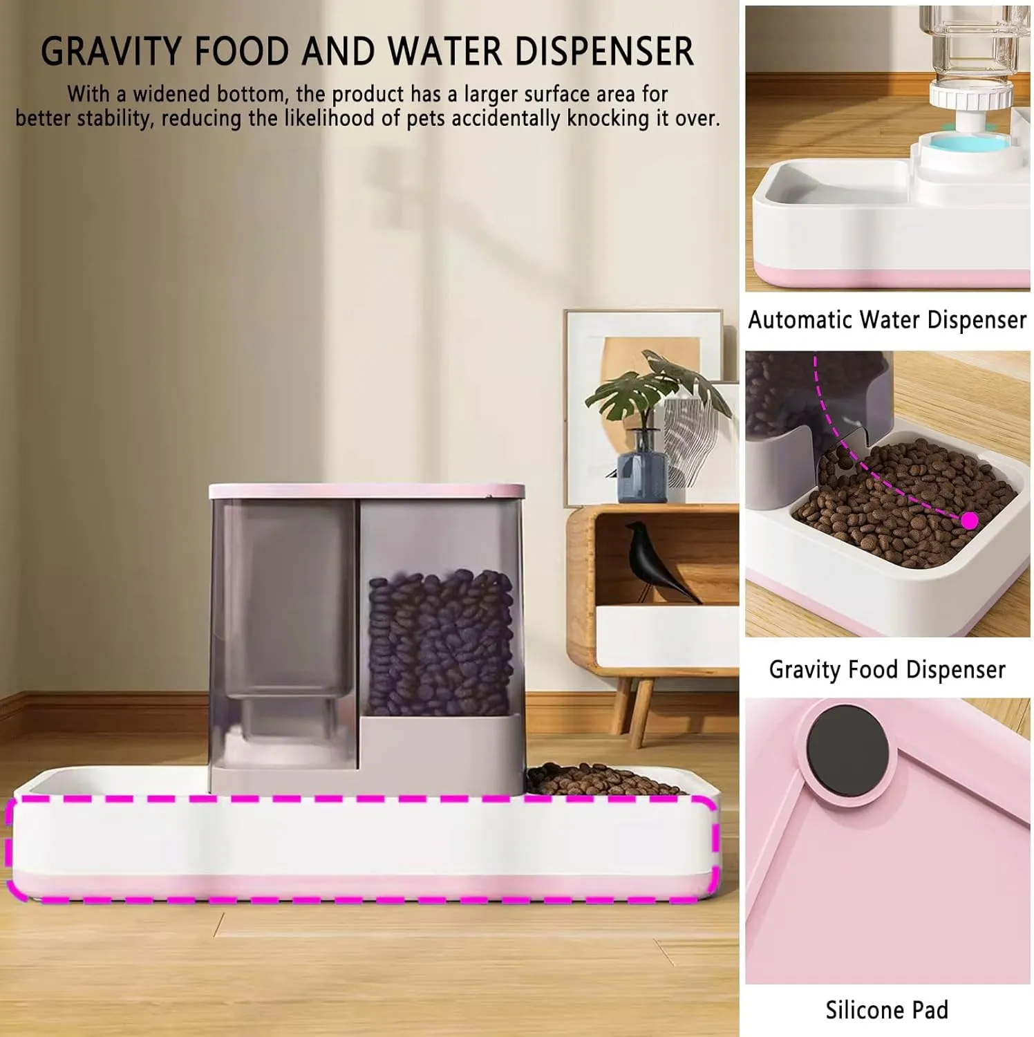 kathson Gravity Cat Food and Water Dispenser Automatic Dog Feeder Waterer 2 in 1 Auto Pet Food and Water Bowl Set Self Feeding for Puppy KittenPink