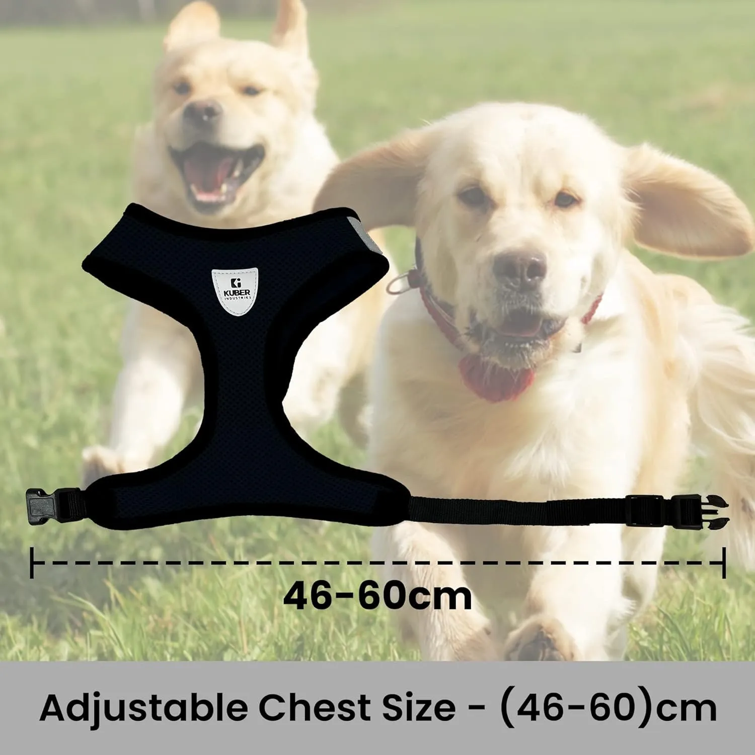 Kuber Industries Reflective Dog Harness With Adjustable Leash|Breathable Polyester Mesh Fabric With Top carry Handle|Large Size|HAT-818|Comfortable No-Pull Grip|Quick Release Buckles|Black (Pack Of 4)