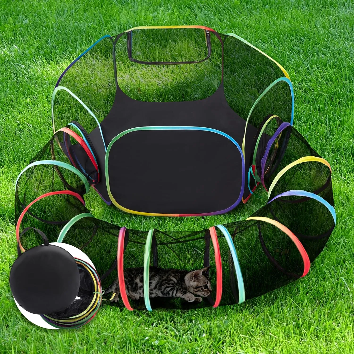Love's cabin Outdoor Cat Enclosures Rainbow, Foldable Catio Outdoor Cat Enclosure Playground Include Portable Tent, Circle Kitten Playpen Tunnel, Outside House for Indoor Kitty and Small Animals