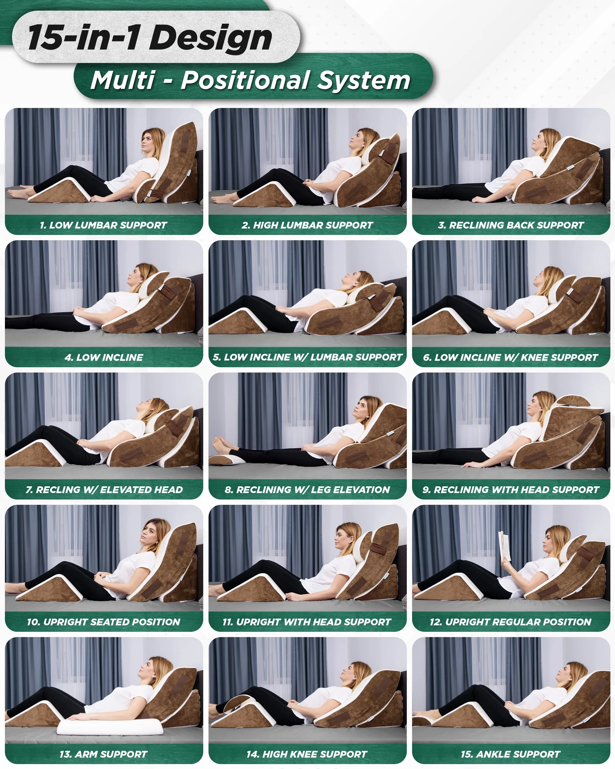LX5 4pcs Orthopedic Bed Wedge Pillow System, with Hot Cold Pack Brown
