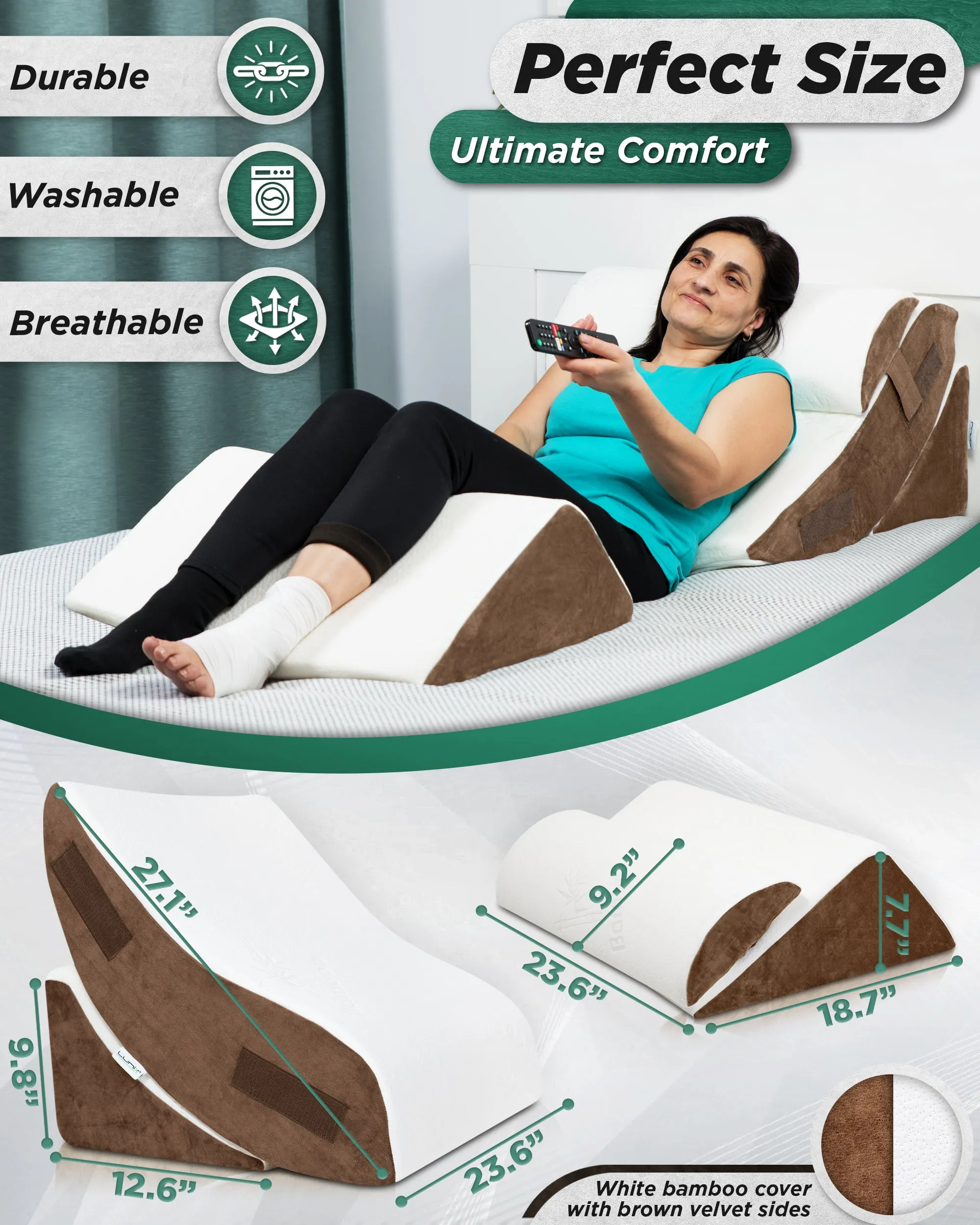 LX5 4pcs Orthopedic Bed Wedge Pillow System, with Hot Cold Pack Brown