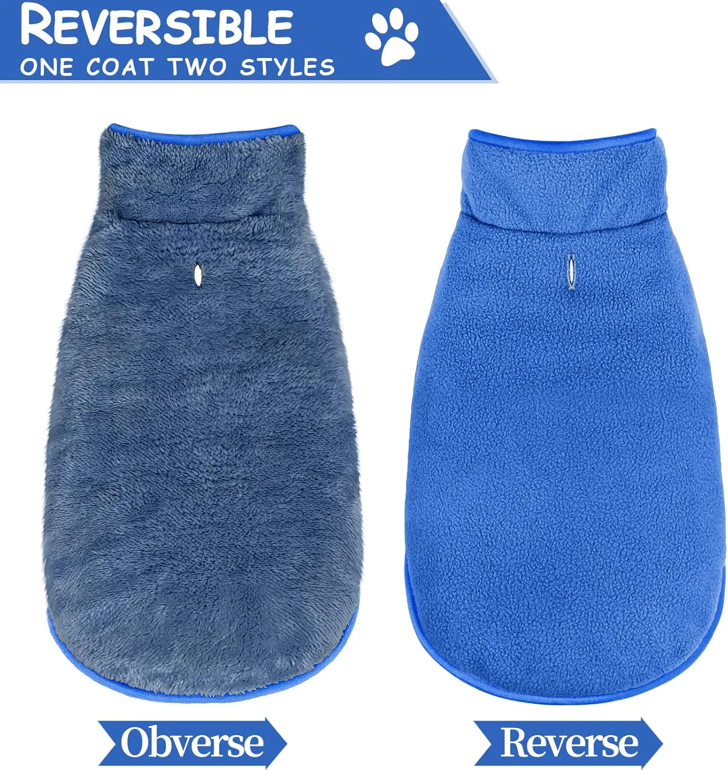 Malier Reversible Fleece Dog Coat, Windproof Warm Jacket for Dogs, Snow Vest - Blue, Small