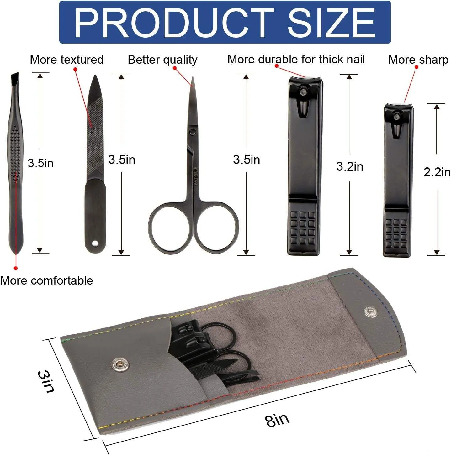 Manicure Pedicure Kit Nail Clippers Set Fingernails & Toenails Vibrissac Scissor 5 Pieces Best Care Tools for Man & Women with Travel Case (Gray/Black_A) (Gray/Black_A)