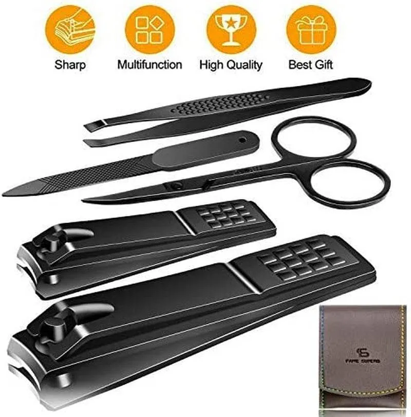 Manicure Pedicure Kit Nail Clippers Set Fingernails & Toenails Vibrissac Scissor 5 Pieces Best Care Tools for Man & Women with Travel Case (Gray/Black_A) (Gray/Black_A)