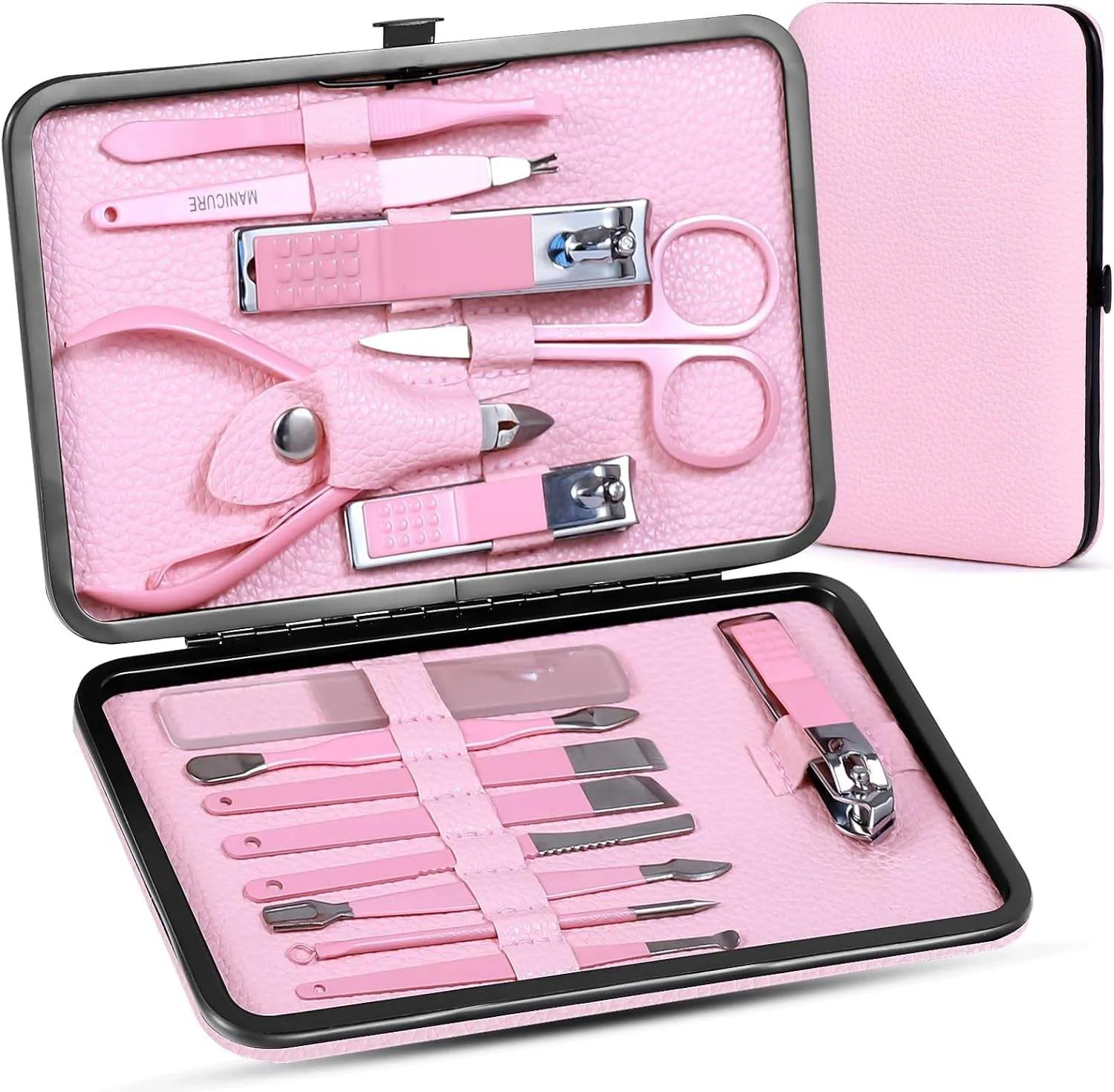 Manicure Pedicure Kit Nail Clippers Set Fingernails & Toenails Vibrissac Scissor 5 Pieces Best Care Tools for Man & Women with Travel Case (Gray/Black_A) (Gray/Black_A)