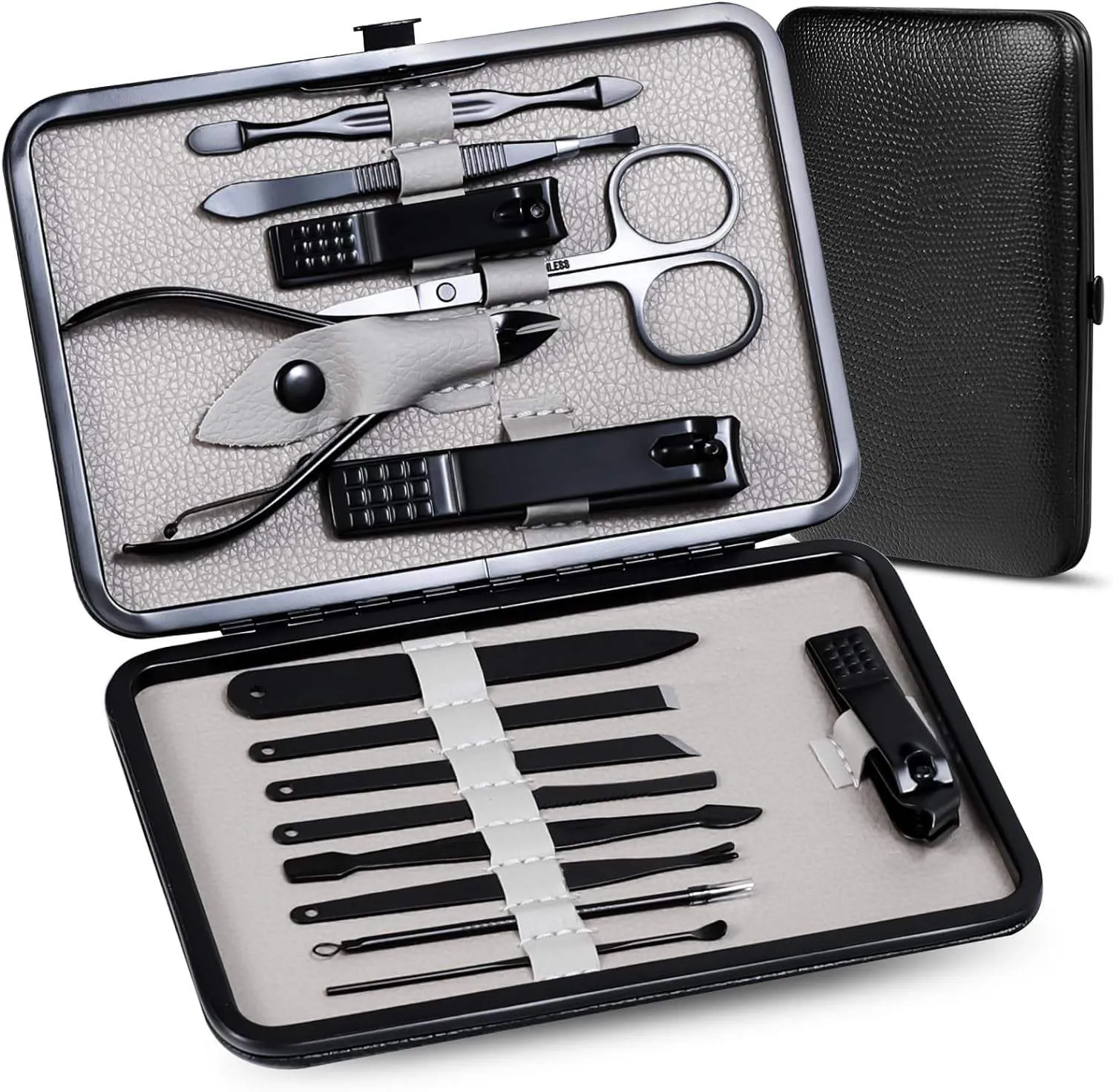 Manicure Pedicure Kit Nail Clippers Set Fingernails & Toenails Vibrissac Scissor 5 Pieces Best Care Tools for Man & Women with Travel Case (Gray/Black_A) (Gray/Black_A)