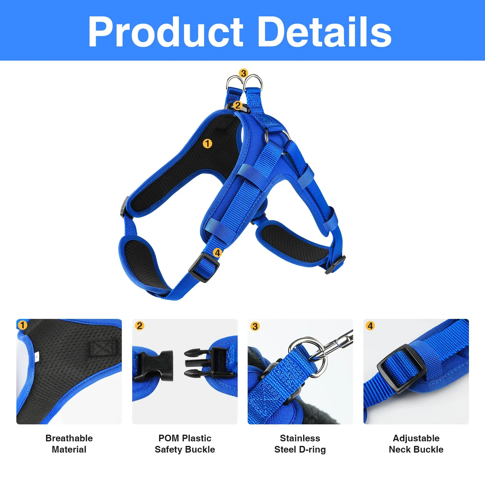 MASBRILL No Pull Dog Harness, Mesh Breathable Padded Dog Vest Harness Step-in No Choke Adjustable Dog Harness for Small Medium Large Dogs - Blue S