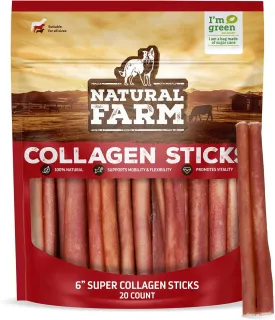 Natural Farm Odor-Free Super Collagen Dog Chews (6-Inch, 20-Pack) The First Ever Real Bull Sticks Alternative: 100% Natural Angus Hide Collagen Treats - More Protein, More Chew Time for All Dogs