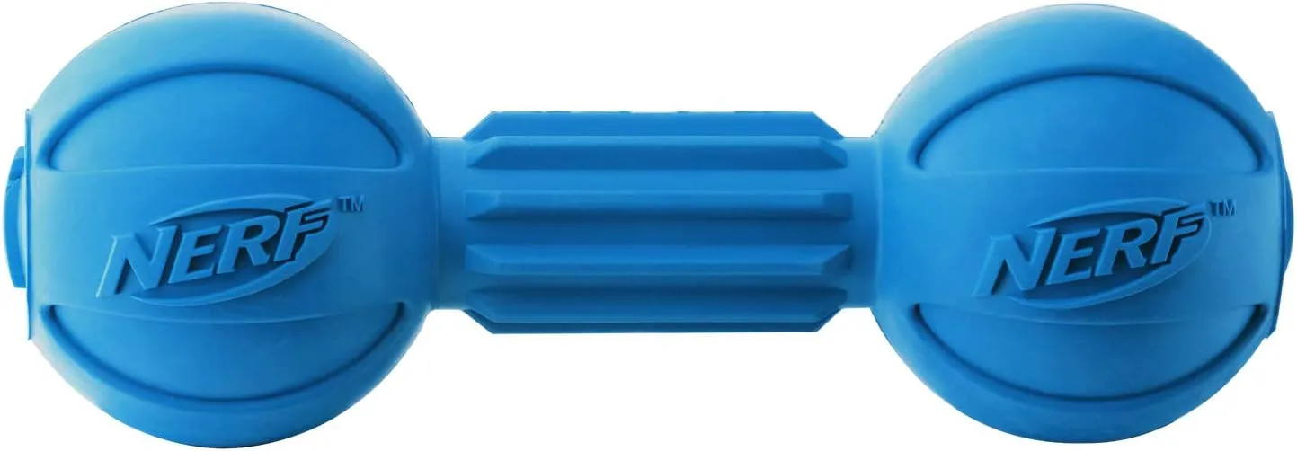 Nerf Dog Rubber Chew Barbell Dog Toy For Aggressive Chewers, Lightweight, Durable and Water Resistant, 7.5 Inches, For Medium/Large Breeds, Single Unit, Blue
