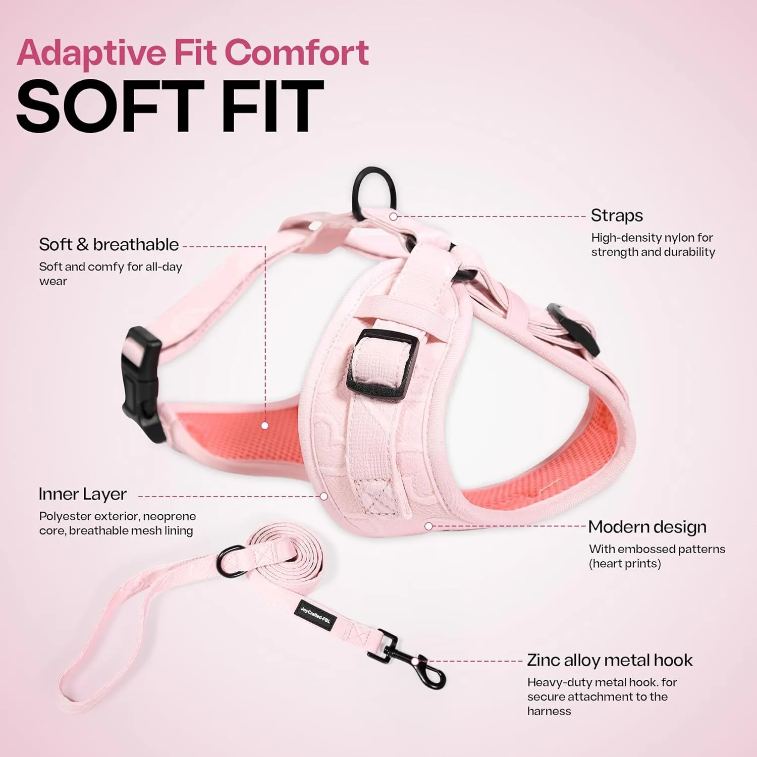 No Pull Puppy Harness and Leash Set  No Choke Neoprene Dog Harness for Medium Dogs (2540lbs), Pink - M, Lightweight Breathable Mesh with Unique Heart Pattern, Adjustable Fit