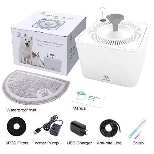 PAPIFEED Cat Water Fountain, Automatic Pet Water Dispenser, 2.2L Super Quiet Healthy Drinking Bowl with Visible Water Level, 5 Filters, USB Pump, Waterproof Mat and Brush for Cats Dogs [Upgraded 2019]