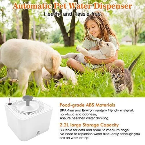 PAPIFEED Cat Water Fountain, Automatic Pet Water Dispenser, 2.2L Super Quiet Healthy Drinking Bowl with Visible Water Level, 5 Filters, USB Pump, Waterproof Mat and Brush for Cats Dogs [Upgraded 2019]