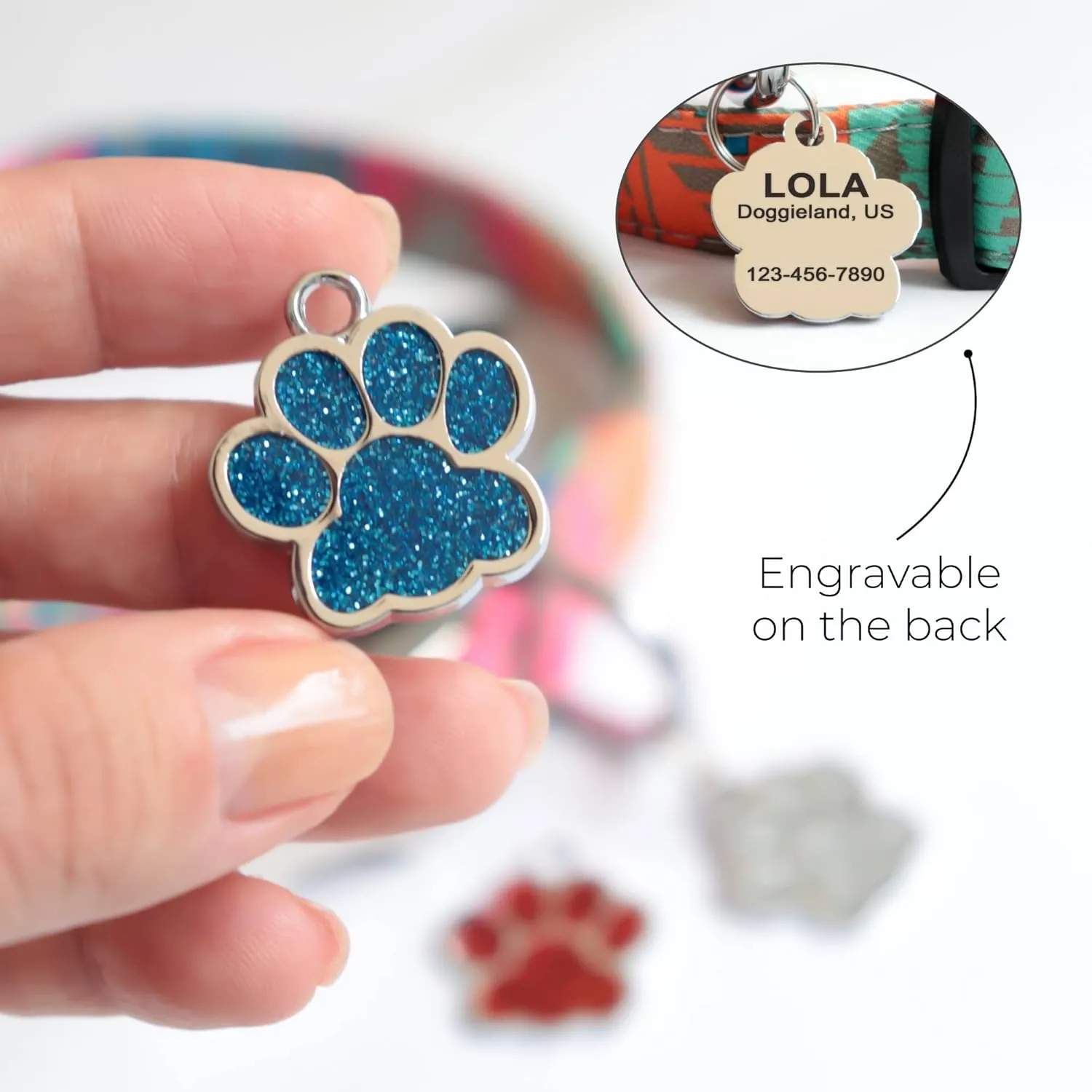 Paw Shape Dog ID Tag Stainless Steel Custom Laser Engraved, Cute Bling Glitter Pet Name Tags Personalized with Durable Engraving (Silver Sparkly Paw)