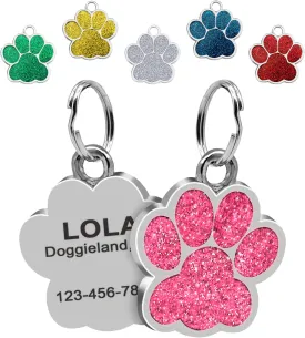 Paw Shape Dog ID Tag Stainless Steel Custom Laser Engraved, Cute Bling Glitter Pet Name Tags Personalized with Durable Engraving (Silver Sparkly Paw)