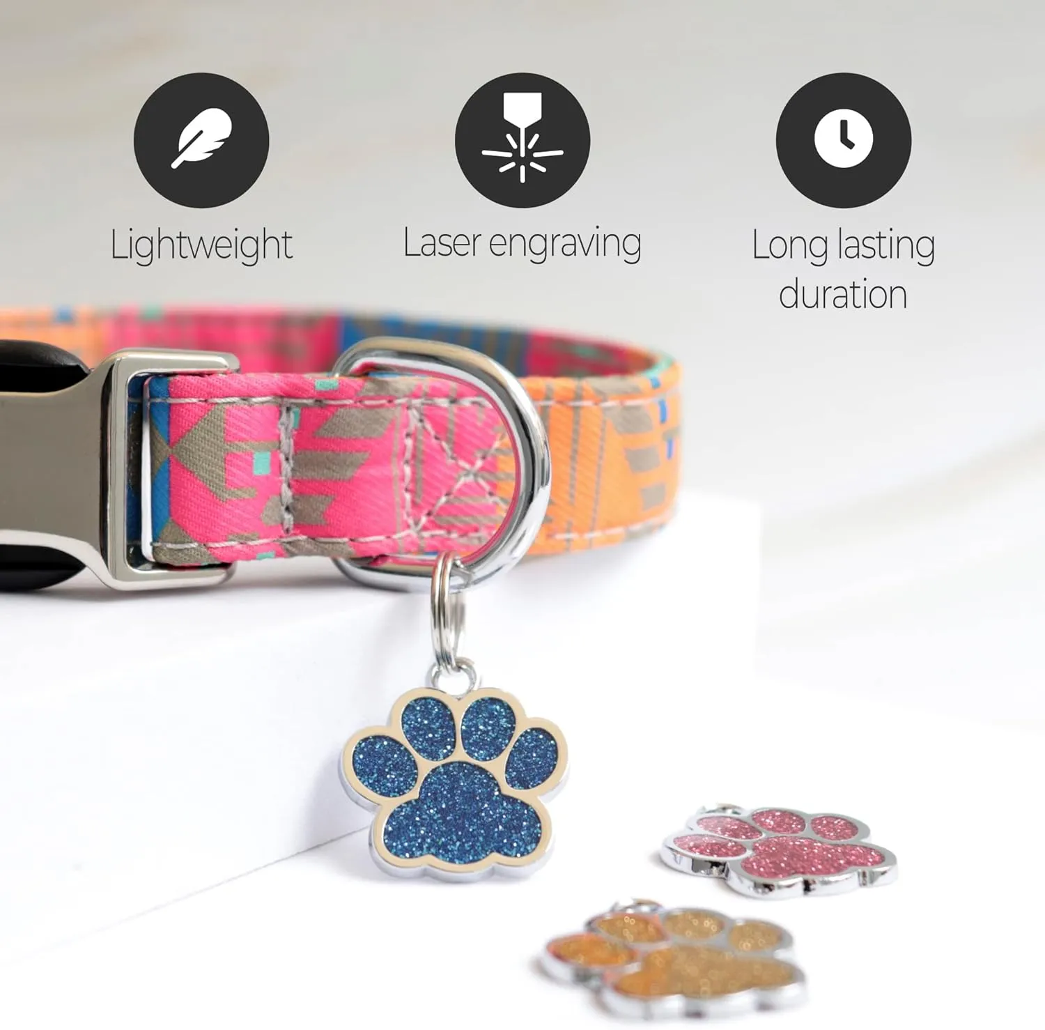 Paw Shape Dog ID Tag Stainless Steel Custom Laser Engraved, Cute Bling Glitter Pet Name Tags Personalized with Durable Engraving (Silver Sparkly Paw)