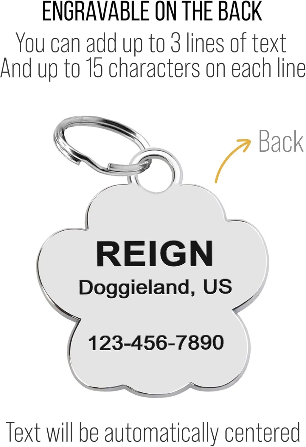 Paw Shape Dog ID Tag Stainless Steel Custom Laser Engraved, Cute Bling Glitter Pet Name Tags Personalized with Durable Engraving (Silver Sparkly Paw)