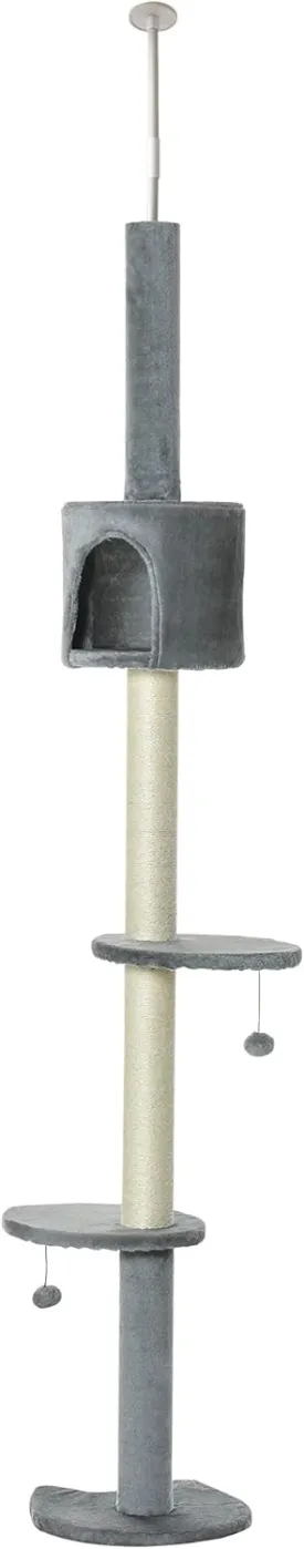 PawHut 85.5" Cat Tree Height Adjustable Floor-to-Ceiling 4-Tier Kitty Climbing Activity Center Condo Cat Toy with Scratching Post Hanging Balls Play Rest Post Pet Furniture Grey