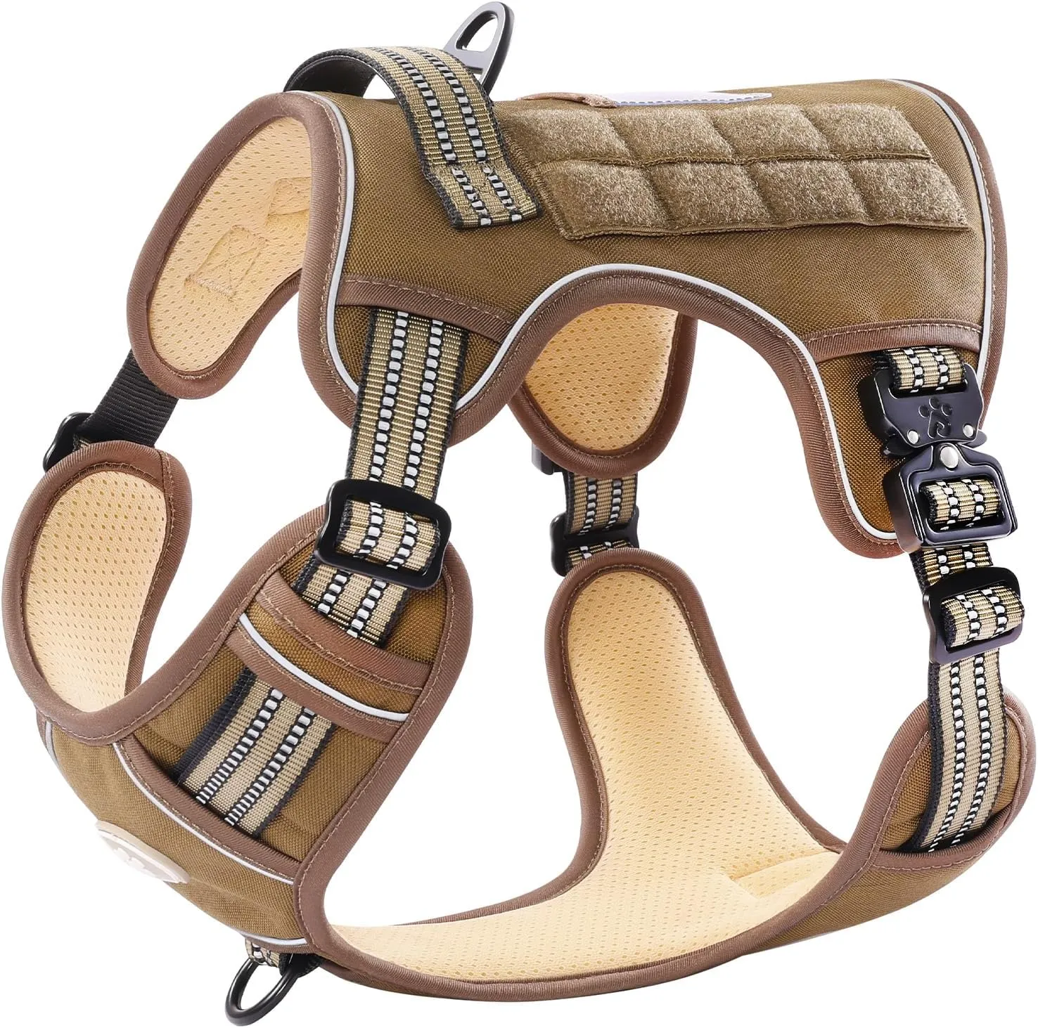 PawsPassion Tactical Dog Harness for Large Dogs, Chew-Proof Metal Hardware, Heavy Duty No Pull Dog Harness, Reflective Strips, Adjusting Ring, MOLLE System, Hook and Loop Panel (Sandstone, L)